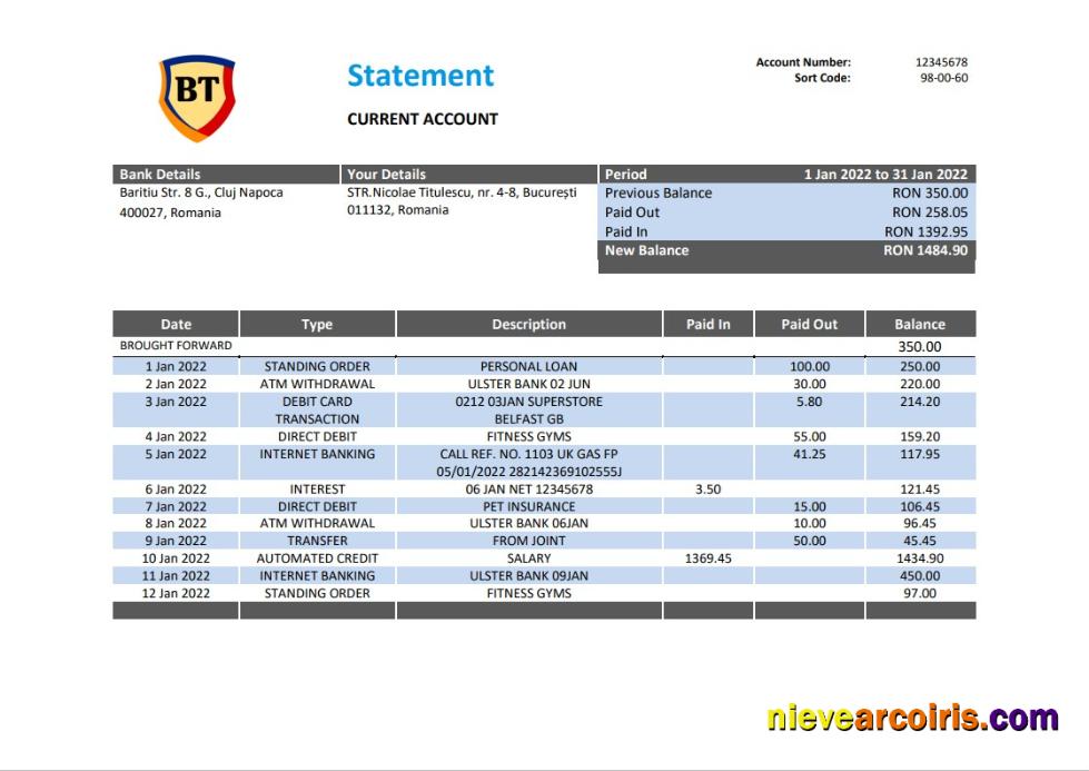 Romania Banca Transilvania bank statement